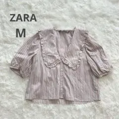 ザラ　ブラウス　シャツ　半袖　フリル　ストライプ　フェミニン　おしゃれデザイン