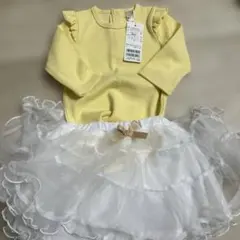 新品未使用　プティマイン　イエローロンパースとホワイトチュールスカートセット