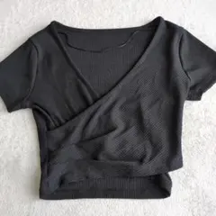 GU/カシュクールリブ素材 クロップドトップス ブラック　Sのサムネイル