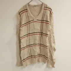 チェックデザイン　Vネック　長袖ニット　セーター　ベージュ　レトロ