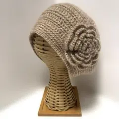 ハンドメイド(296) 手編み ニット帽 お花のモチーフ　モヘア
