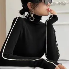サイドライン ハイネックニット トップス ブラック タートルネック 配色 ニット