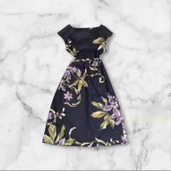 【麻×日本製】MAJUN かりゆしワンピース 花柄 M ノースリーブ ネイビー