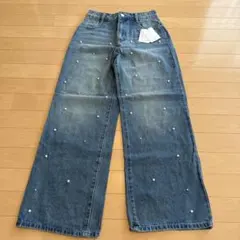 パール装飾 ワイドレッグデニムパンツ Mサイズ