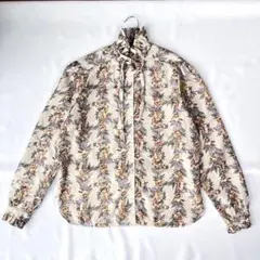 襟フリル ハイネック リボンタイ 長袖 花柄 シャツ ブラウス 古着 Y139