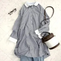 【ポールスミス】ストライプシャツ　丸襟　コットン　大きいサイズ　ゆったり　青　白