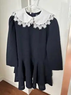 ネイビー フレア レース襟付きワンピース