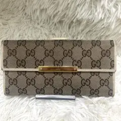 GUCCI 長財布 GG キャンバス レザー ロゴプレート 二つ折り ホワイト系