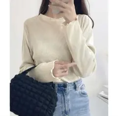 クラシカルエルフ　ラウンドネックミドル丈ミニプリーツ袖メローリブブラウス