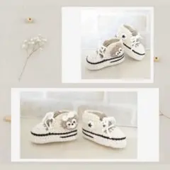 組み合わせ自由❁﻿ぷっくりくまモチーフ コットンのベビーシューズ◇ホワイト