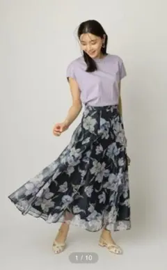 【JUSGLITTY】チュールフラワープリントスカート　ネイビー M