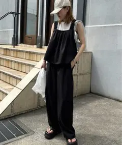 【タグ付き未使用】ranan 麻調フリルデザインキャミセットアップ