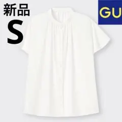 【新品】GUドレープバンドカラーシャツ半袖Sホワイト白ブラウス