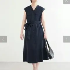 Vネック開き麻調ノースリワンピース