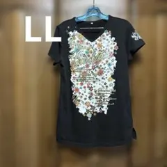 【美品】レディース　Vネック　プリントロングTシャツ 黒　LLのサムネイル