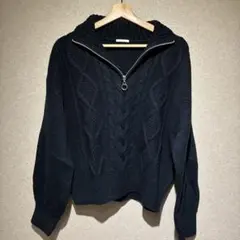 ハーフジップ ケーブルニット ネイビー L