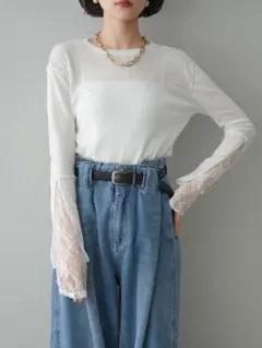 袖レースレイヤードデザインメロートップス/white　リュミエ　Lumier