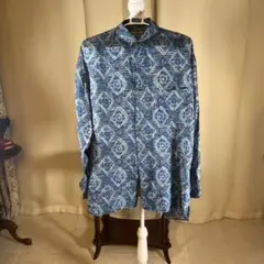 【美品】長袖柄シャツ　古着　青緑　100%シルク