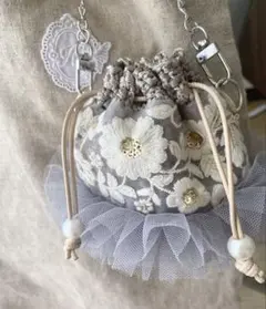 ハンドメイド バッグチャーム44インド刺繍ポーチ巾着花柄フリルカゴ