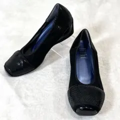 【美品】fitfit パンプス 23cm 黒 スクエアトゥ パイソン