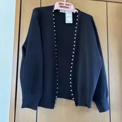 黒リブ編みカーディガン パールボタン付き