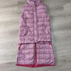 ピンク系チェック柄ダウンベスト・スカートセット