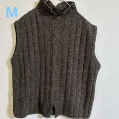 ケーブル編 ハイネック ノースリーブ ベスト 濃茶 羊毛 清楚 レトロ M