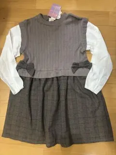 ★新品★130 ドッキングワンピース リボン 異素材