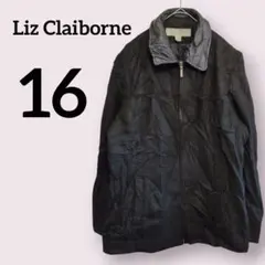 Liz Claiborne【16】襟レザー ウール混ジャケット XL相当 黒