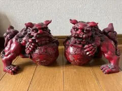 玉乗り獅子 狛犬 置物 2体セット 赤色 縁起物 魔除け