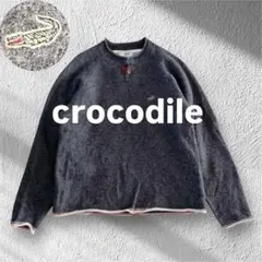 0【美品】クロコダイル　ロゴ刺繍　ウール混　長袖　ニットプルオーバー