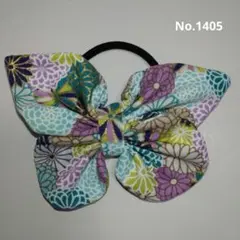 【色違いあり】グリーン系☓花柄　蝶リボン①(バタフライ）ヘアゴム　花和柄