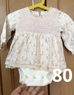 petit main 花柄ロンパース 80 ピンク 白