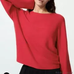 3Dコットンクルーネックボリュームスリーブセーター XL レッド