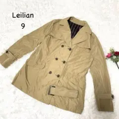 レリアン【M】ベージュトレンチコート　ダブル　ベルト付き　ラペルカラー　ナイロン