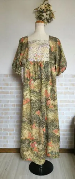 ☆2種類の着物リメイク ハンドメイド ゆったりパフスリーブワンピース☆