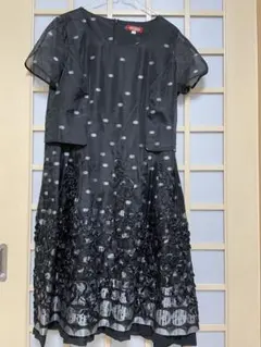 お値下げDoublé 黒ドット柄刺繍ドレス 42サイズ　フレンチ袖