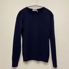 ネイビー クルーネックセーター 長袖 薄手メリノウール100% Ｓ