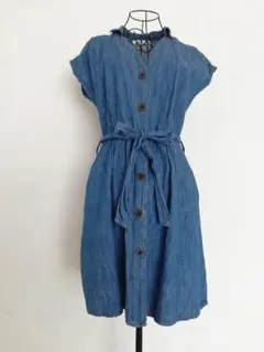 デニムブルー ボタン付きシャツワンピース
