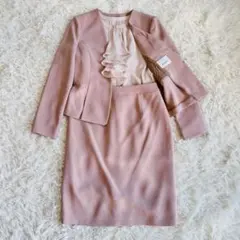 【ANAYI】セットアップ スカートスーツ ノーカラー ペプラム ピンク系 38