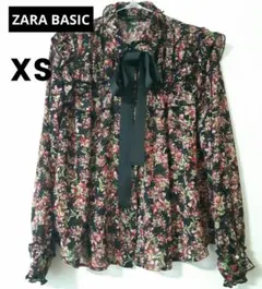 ZARA BASIC 花柄長袖 ブラウス リボン付き 黒地 透け感