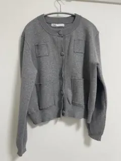 ZARA プレーンニットジャケット　パデットショルダー L　グレー