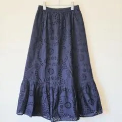 GU ネイビー コットンレース ティアード ロングスカート L