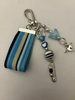 ビーズキーホルダー コレクトブック ブルー リボン 蝶々 チャーム ハンドメイド