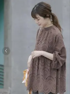 サニーレーベル☆2WAYカットワークレースブラウス☆ブラウン☆長袖