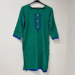 グリーン 刺繍 ボタン 七分袖 ワンピース 【L】 レディース カットソー