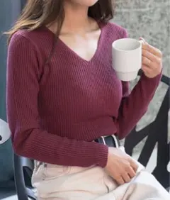 Vネックリブニットトップス