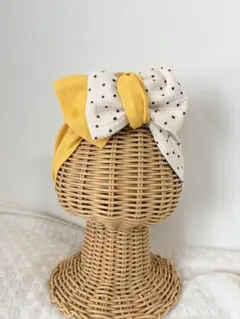 自由に結ぶヘアバンド イエローと星柄ダブルガーゼ　ハンドメイド