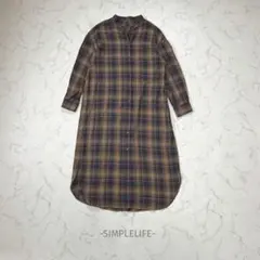SIMPLELIFE/ロングシャツワンピース/M/茶×紺/チェック/バンドカラー