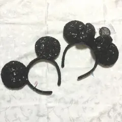 ディズニー　スパンコール　カチューシャ　ミッキー　ミニー　ペア　お揃い　黒